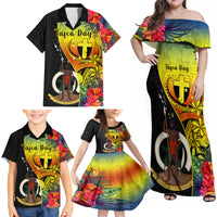 Personalised Vanuatu Tafea Day Family Matching Off Shoulder Maxi Dress and Hawaiian Shirt Coat Of Arms Mix Tropical Flowers - Wonder Print Shop