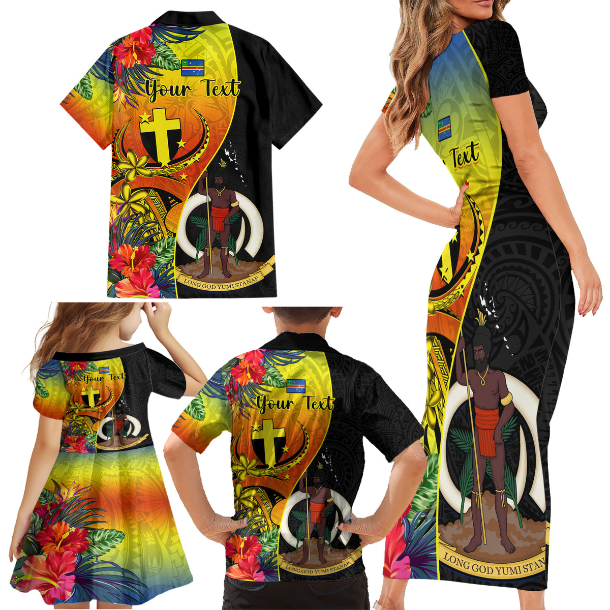 Personalised Vanuatu Tafea Day Family Matching Short Sleeve Bodycon Dress and Hawaiian Shirt Coat Of Arms Mix Tropical Flowers - Wonder Print Shop