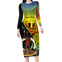 Personalised Vanuatu Tafea Day Long Sleeve Bodycon Dress Coat Of Arms Mix Tropical Flowers - Wonder Print Shop