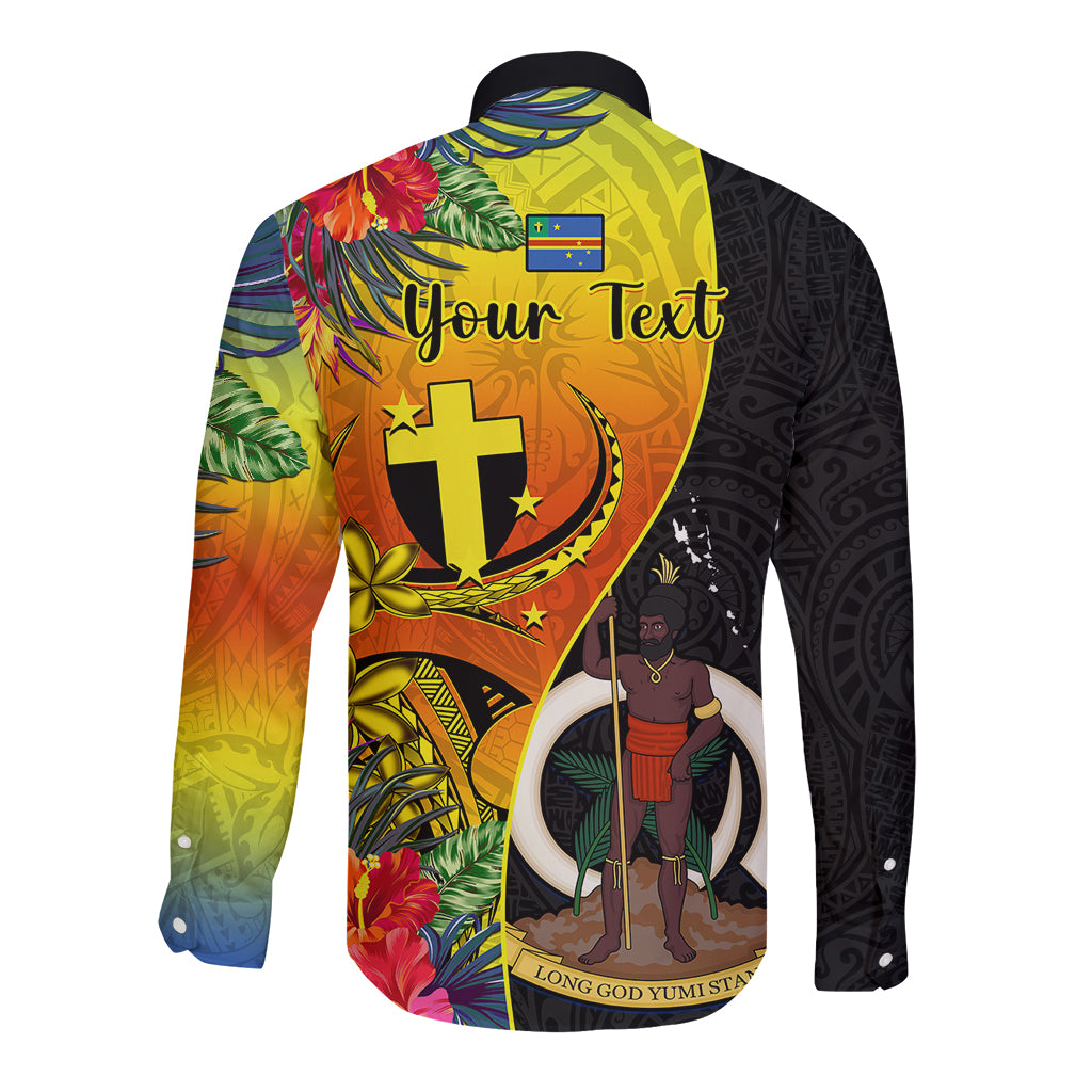 Personalised Vanuatu Tafea Day Long Sleeve Button Shirt Coat Of Arms Mix Tropical Flowers - Wonder Print Shop