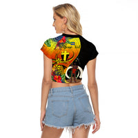 Personalised Vanuatu Tafea Day Raglan Cropped T Shirt Coat Of Arms Mix Tropical Flowers - Wonder Print Shop
