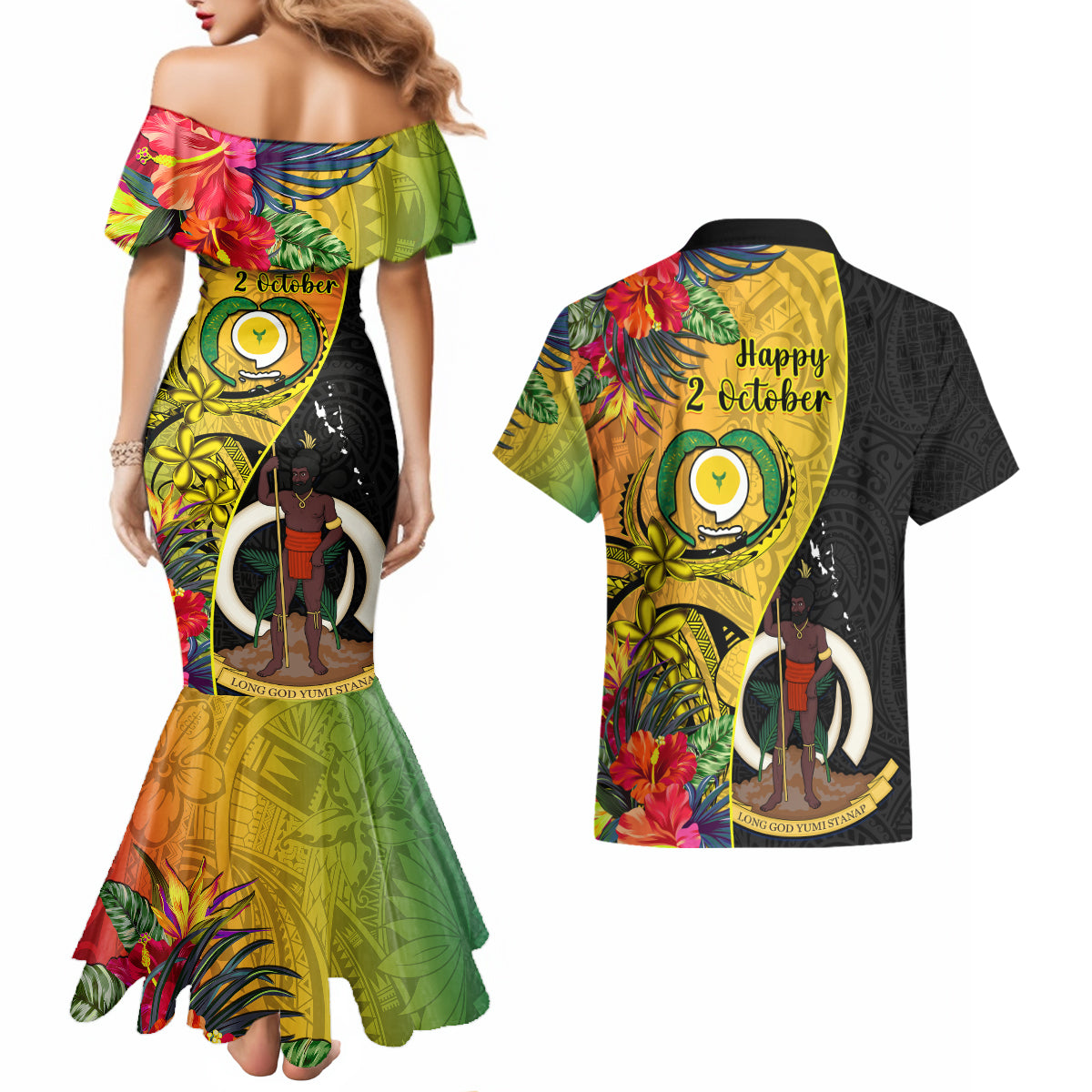 Vanuatu Torba Day Couples Matching Mermaid Dress and Hawaiian Shirt Coat Of Arms Mix Tropical Flowers - Wonder Print Shop