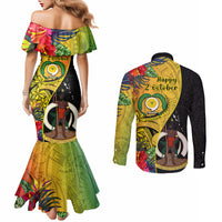 vanuatu-torba-day-couples-matching-mermaid-dress-and-long-sleeve-button-shirts-coat-of-arms-mix-tropical-flowers