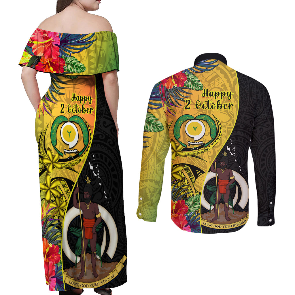 Vanuatu Torba Day Couples Matching Off Shoulder Maxi Dress and Long Sleeve Button Shirts Coat Of Arms Mix Tropical Flowers - Wonder Print Shop
