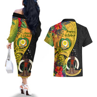 Vanuatu Torba Day Couples Matching Off The Shoulder Long Sleeve Dress and Hawaiian Shirt Coat Of Arms Mix Tropical Flowers - Wonder Print Shop