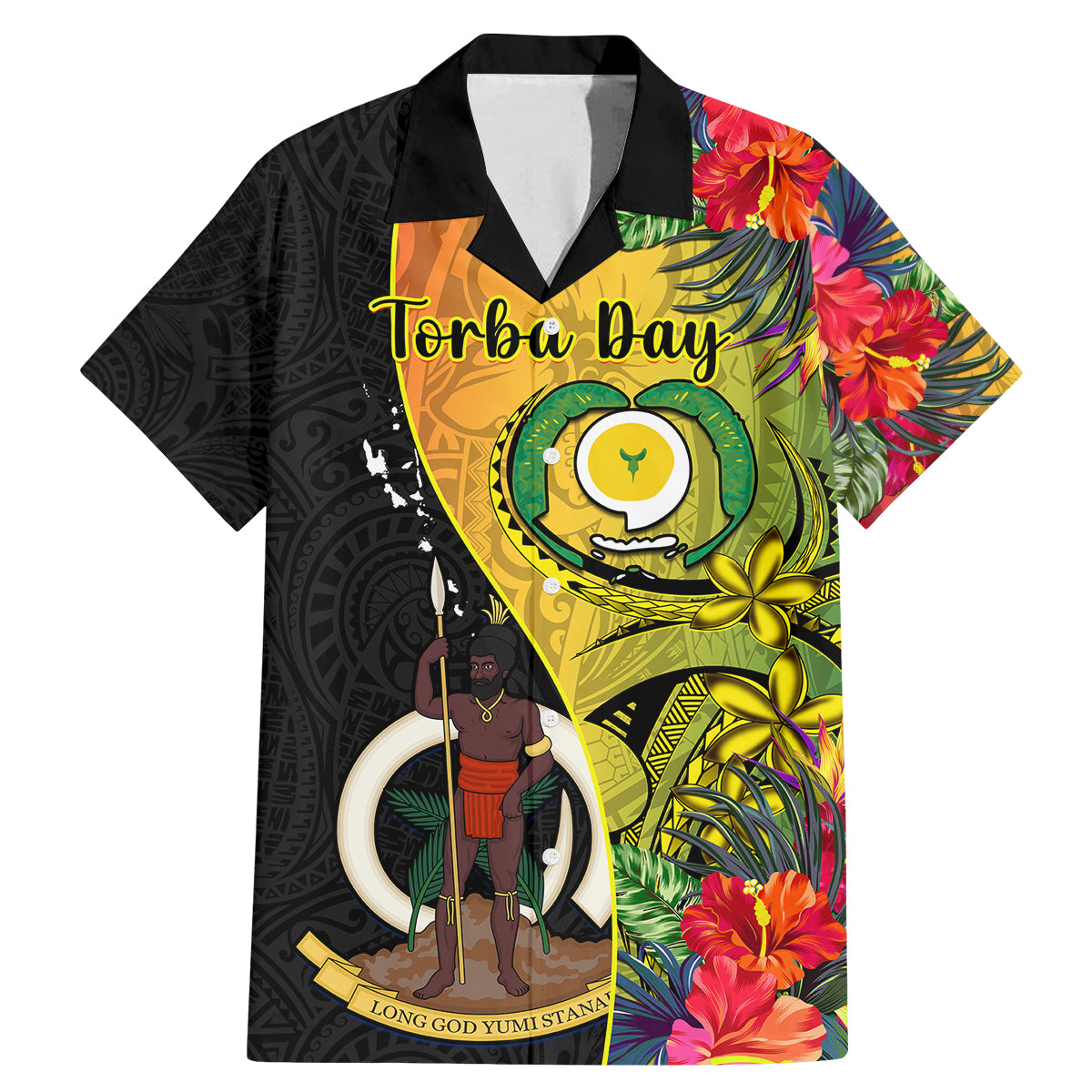 Vanuatu Torba Day Family Matching Mermaid Dress and Hawaiian Shirt Coat Of Arms Mix Tropical Flowers - Wonder Print Shop
