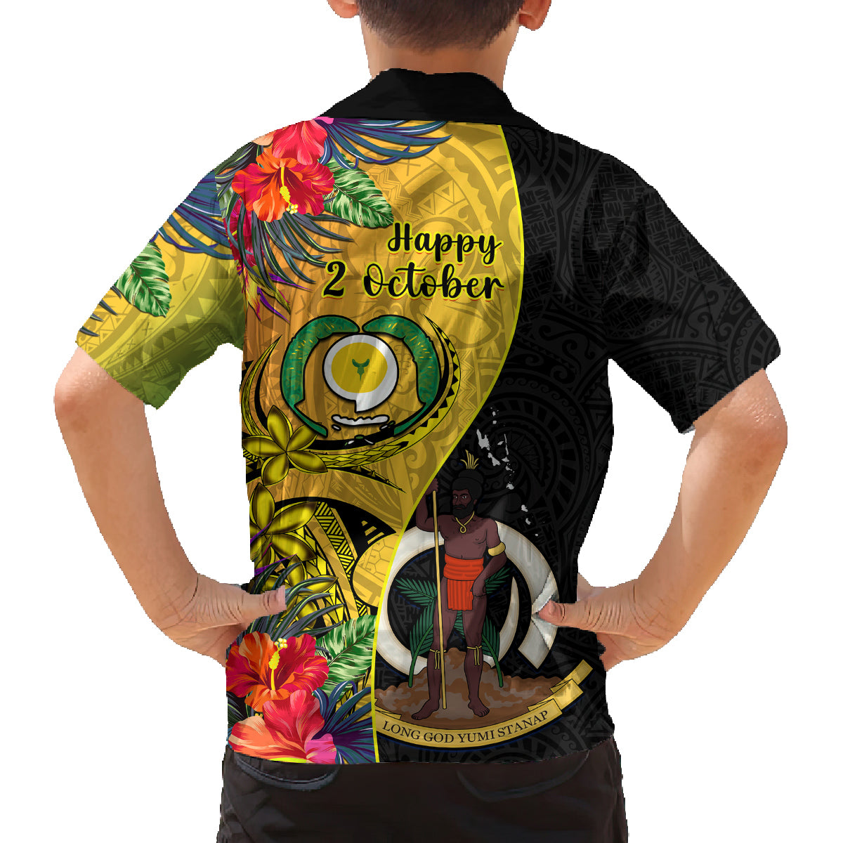 Vanuatu Torba Day Family Matching Off Shoulder Short Dress and Hawaiian Shirt Coat Of Arms Mix Tropical Flowers - Wonder Print Shop