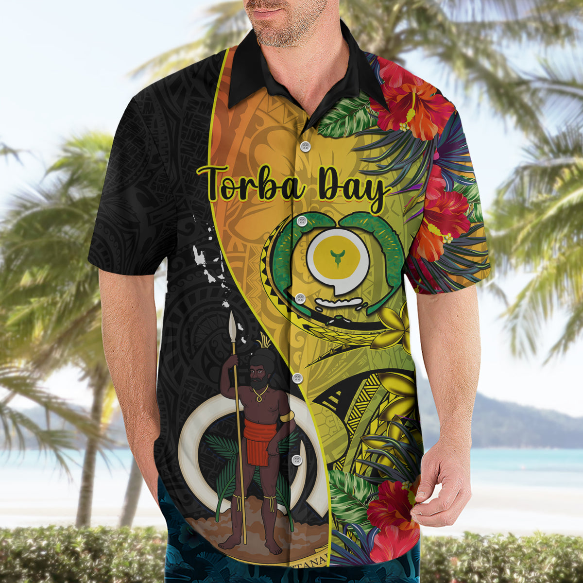 Vanuatu Torba Day Hawaiian Shirt Coat Of Arms Mix Tropical Flowers - Wonder Print Shop