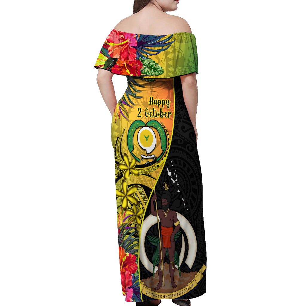 Vanuatu Torba Day Off Shoulder Maxi Dress Coat Of Arms Mix Tropical Flowers - Wonder Print Shop