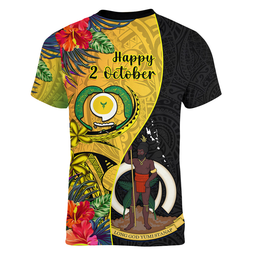 Vanuatu Torba Day Women V Neck T Shirt Coat Of Arms Mix Tropical Flowers - Wonder Print Shop