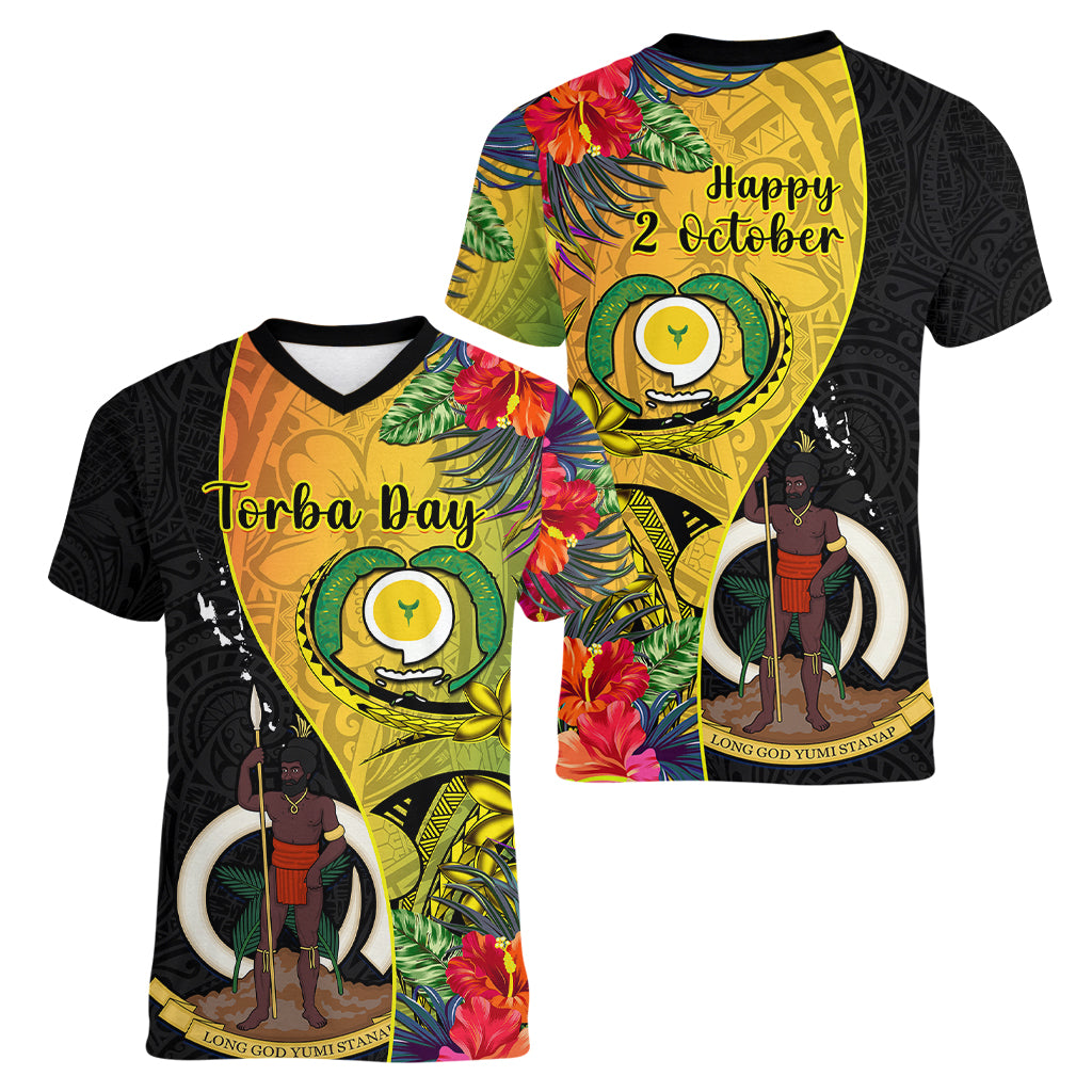 Vanuatu Torba Day Women V Neck T Shirt Coat Of Arms Mix Tropical Flowers - Wonder Print Shop