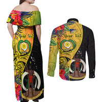 Personalised Vanuatu Torba Day Couples Matching Off Shoulder Maxi Dress and Long Sleeve Button Shirts Coat Of Arms Mix Tropical Flowers - Wonder Print Shop