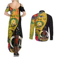 Personalised Vanuatu Torba Day Couples Matching Summer Maxi Dress and Long Sleeve Button Shirts Coat Of Arms Mix Tropical Flowers - Wonder Print Shop