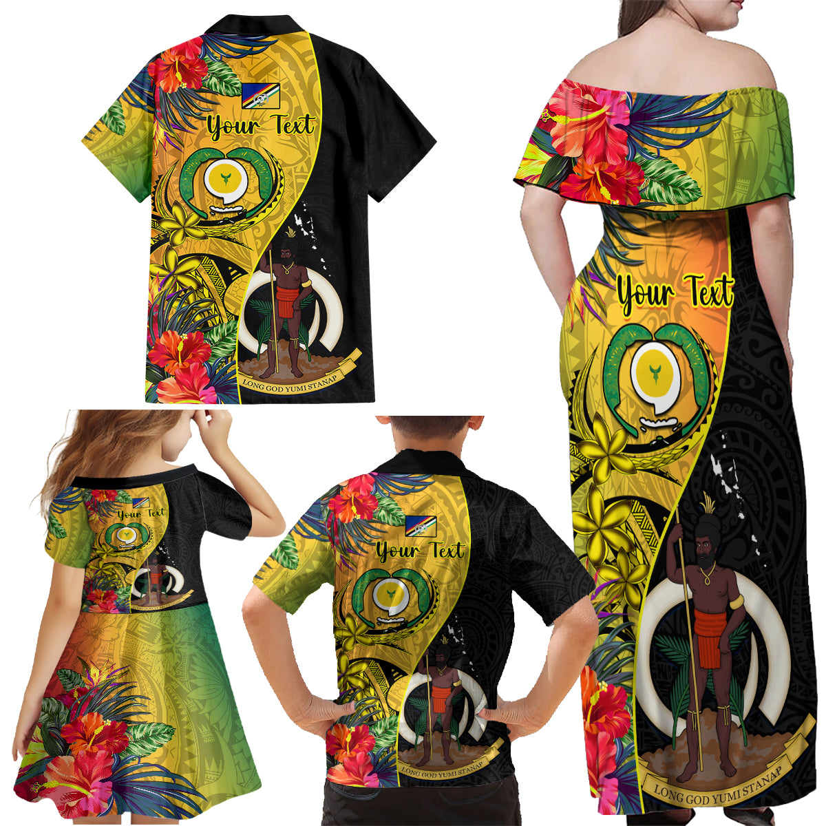 Personalised Vanuatu Torba Day Family Matching Off Shoulder Maxi Dress and Hawaiian Shirt Coat Of Arms Mix Tropical Flowers - Wonder Print Shop