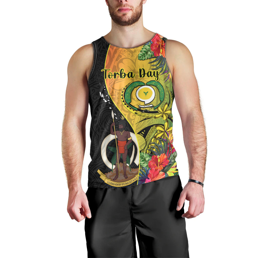 Personalised Vanuatu Torba Day Men Tank Top Coat Of Arms Mix Tropical Flowers - Wonder Print Shop