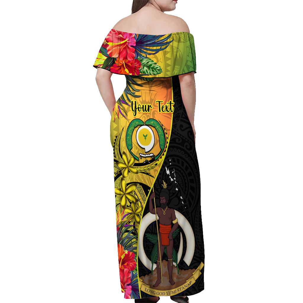 Personalised Vanuatu Torba Day Off Shoulder Maxi Dress Coat Of Arms Mix Tropical Flowers - Wonder Print Shop