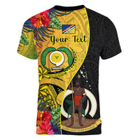 Personalised Vanuatu Torba Day Women V Neck T Shirt Coat Of Arms Mix Tropical Flowers - Wonder Print Shop
