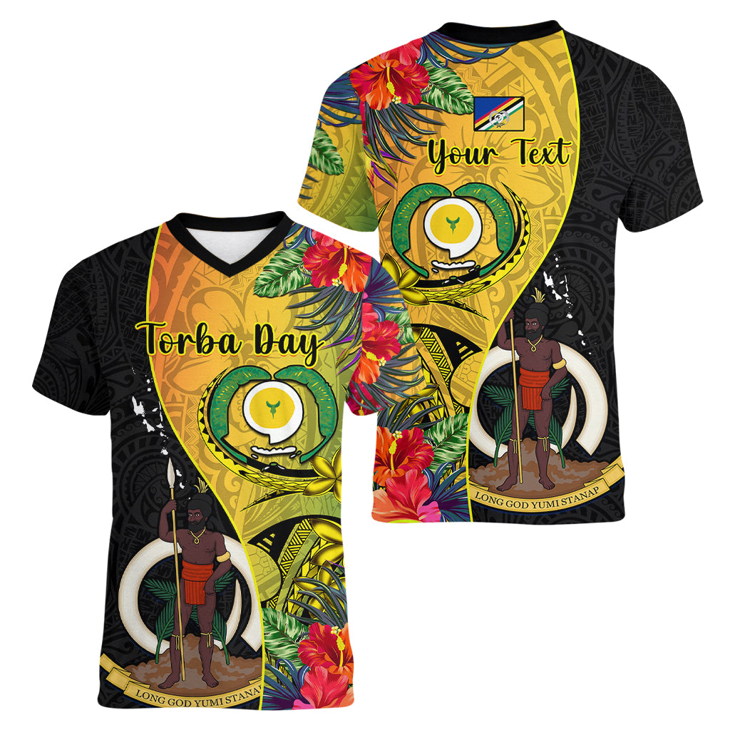 Personalised Vanuatu Torba Day Women V Neck T Shirt Coat Of Arms Mix Tropical Flowers - Wonder Print Shop