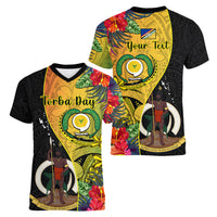 Personalised Vanuatu Torba Day Women V Neck T Shirt Coat Of Arms Mix Tropical Flowers - Wonder Print Shop