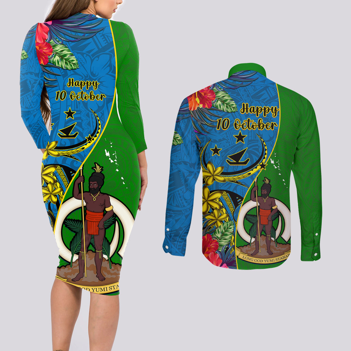 Vanuatu Malampa Day Couples Matching Long Sleeve Bodycon Dress and Long Sleeve Button Shirts Coat Of Arms Mix Tropical Flowers - Wonder Print Shop