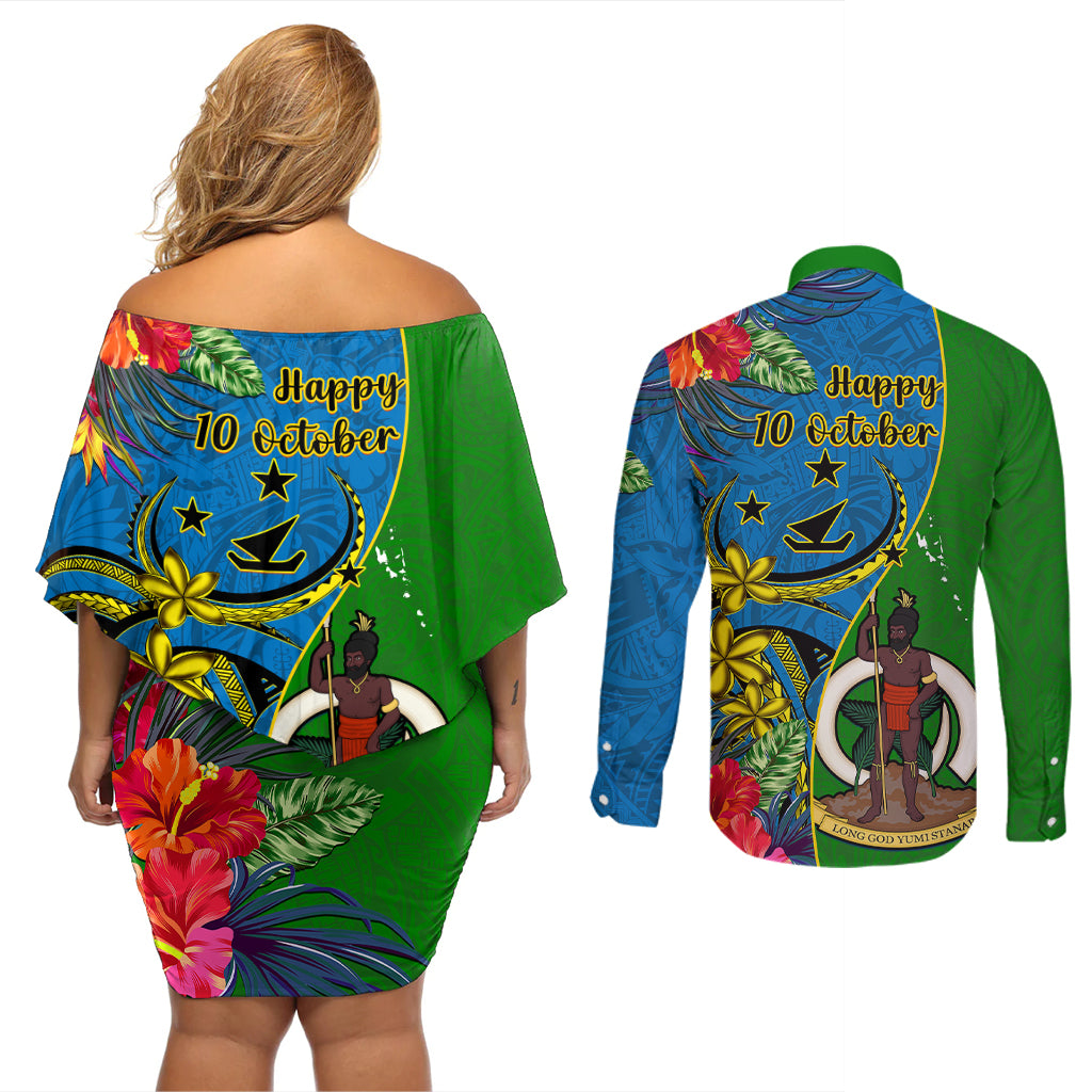 Vanuatu Malampa Day Couples Matching Off Shoulder Short Dress and Long Sleeve Button Shirts Coat Of Arms Mix Tropical Flowers - Wonder Print Shop