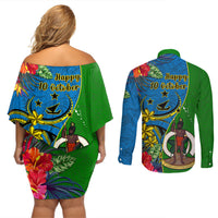 Vanuatu Malampa Day Couples Matching Off Shoulder Short Dress and Long Sleeve Button Shirts Coat Of Arms Mix Tropical Flowers - Wonder Print Shop