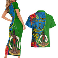 Vanuatu Malampa Day Couples Matching Short Sleeve Bodycon Dress and Hawaiian Shirt Coat Of Arms Mix Tropical Flowers - Wonder Print Shop