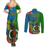 Vanuatu Malampa Day Couples Matching Summer Maxi Dress and Long Sleeve Button Shirts Coat Of Arms Mix Tropical Flowers - Wonder Print Shop