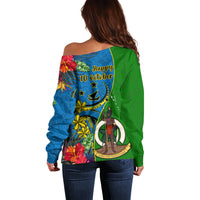Vanuatu Malampa Day Off Shoulder Sweater Coat Of Arms Mix Tropical Flowers - Wonder Print Shop