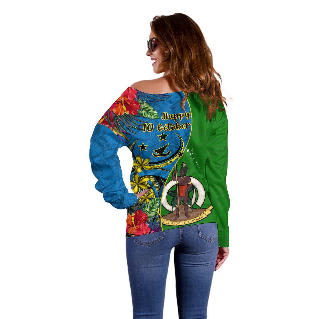 Vanuatu Malampa Day Off Shoulder Sweater Coat Of Arms Mix Tropical Flowers - Wonder Print Shop