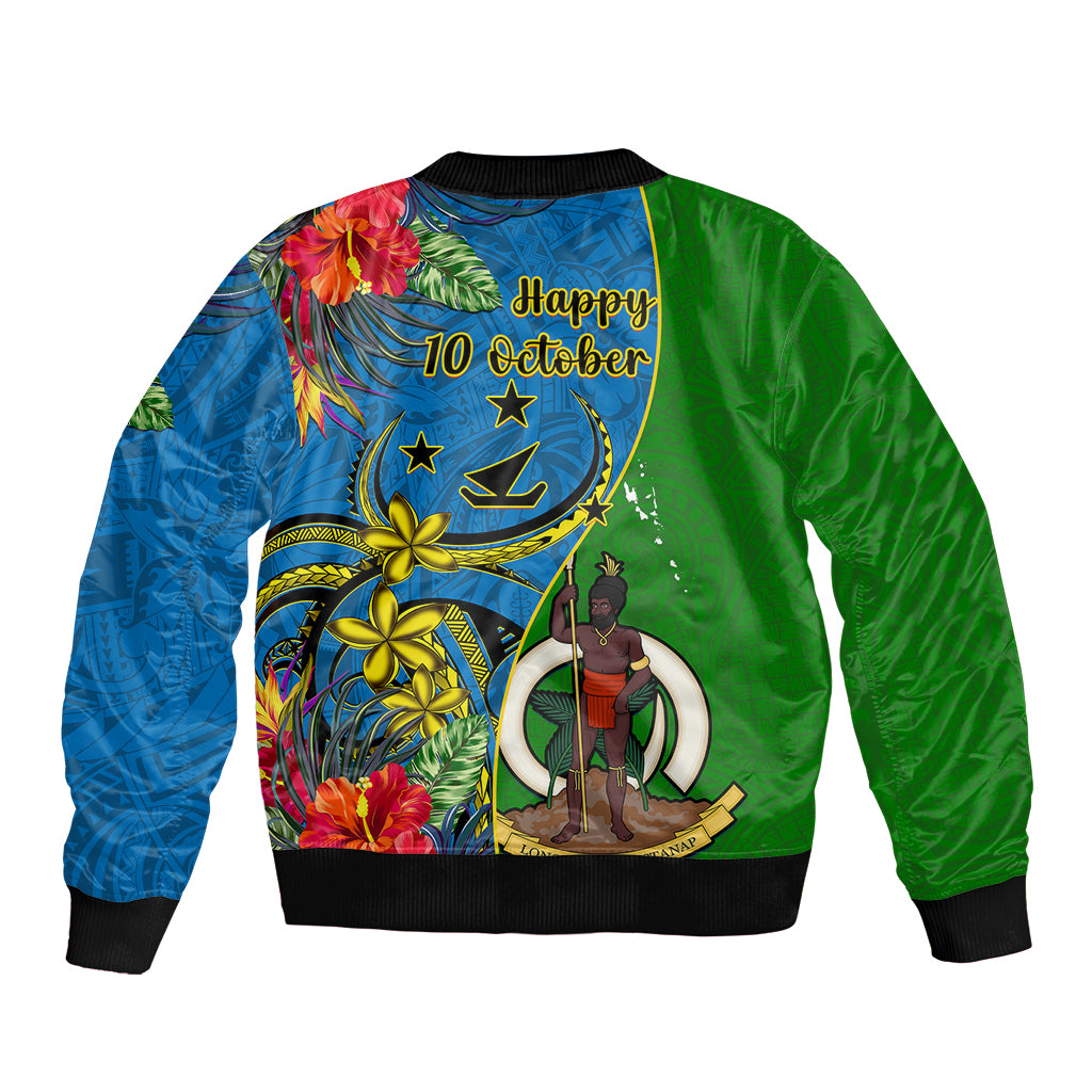 Vanuatu Malampa Day Sleeve Zip Bomber Jacket Coat Of Arms Mix Tropical Flowers - Wonder Print Shop