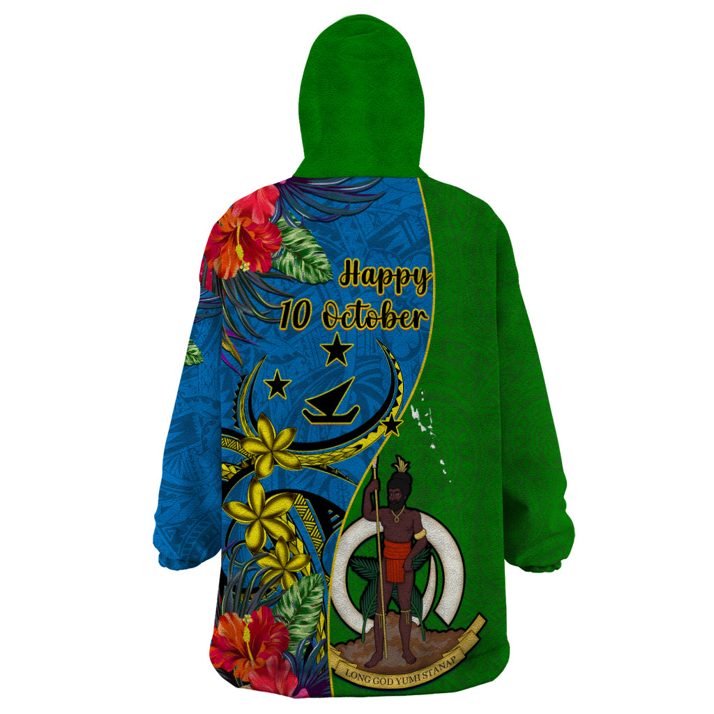 Vanuatu Malampa Day Wearable Blanket Hoodie Coat Of Arms Mix Tropical Flowers - Wonder Print Shop