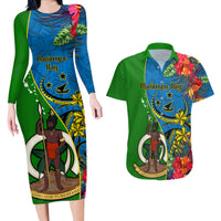 Personalised Vanuatu Malampa Day Couples Matching Long Sleeve Bodycon Dress and Hawaiian Shirt Coat Of Arms Mix Tropical Flowers - Wonder Print Shop