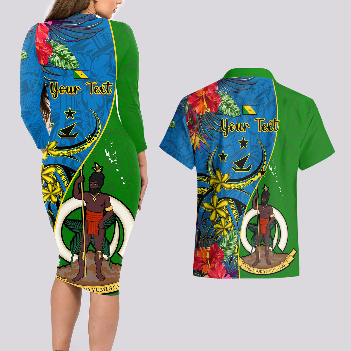 Personalised Vanuatu Malampa Day Couples Matching Long Sleeve Bodycon Dress and Hawaiian Shirt Coat Of Arms Mix Tropical Flowers - Wonder Print Shop
