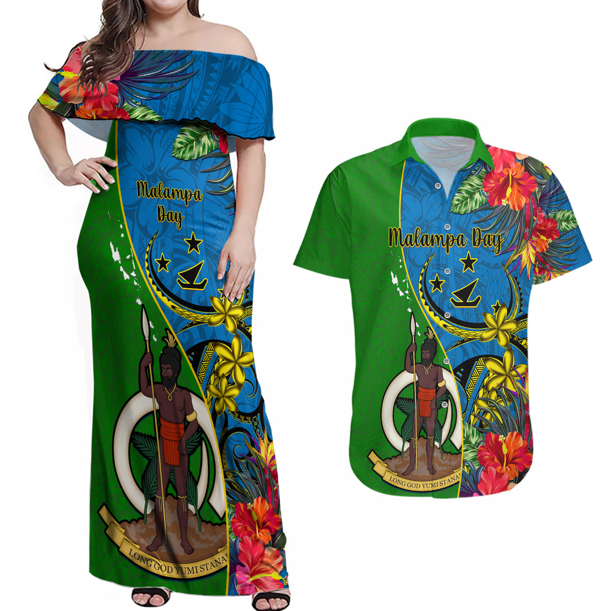 Personalised Vanuatu Malampa Day Couples Matching Off Shoulder Maxi Dress and Hawaiian Shirt Coat Of Arms Mix Tropical Flowers - Wonder Print Shop