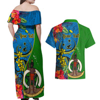 Personalised Vanuatu Malampa Day Couples Matching Off Shoulder Maxi Dress and Hawaiian Shirt Coat Of Arms Mix Tropical Flowers - Wonder Print Shop