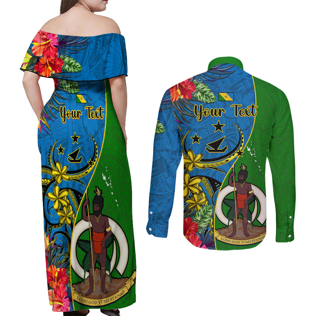 Personalised Vanuatu Malampa Day Couples Matching Off Shoulder Maxi Dress and Long Sleeve Button Shirts Coat Of Arms Mix Tropical Flowers - Wonder Print Shop