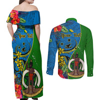 Personalised Vanuatu Malampa Day Couples Matching Off Shoulder Maxi Dress and Long Sleeve Button Shirts Coat Of Arms Mix Tropical Flowers - Wonder Print Shop