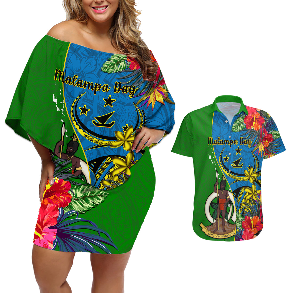 Personalised Vanuatu Malampa Day Couples Matching Off Shoulder Short Dress and Hawaiian Shirt Coat Of Arms Mix Tropical Flowers - Wonder Print Shop