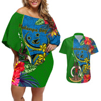 Personalised Vanuatu Malampa Day Couples Matching Off Shoulder Short Dress and Hawaiian Shirt Coat Of Arms Mix Tropical Flowers - Wonder Print Shop