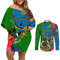 Personalised Vanuatu Malampa Day Couples Matching Off Shoulder Short Dress and Long Sleeve Button Shirts Coat Of Arms Mix Tropical Flowers - Wonder Print Shop