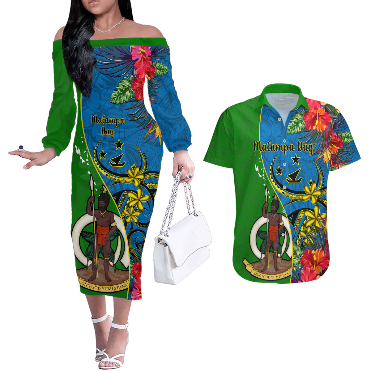 Personalised Vanuatu Malampa Day Couples Matching Off The Shoulder Long Sleeve Dress and Hawaiian Shirt Coat Of Arms Mix Tropical Flowers - Wonder Print Shop