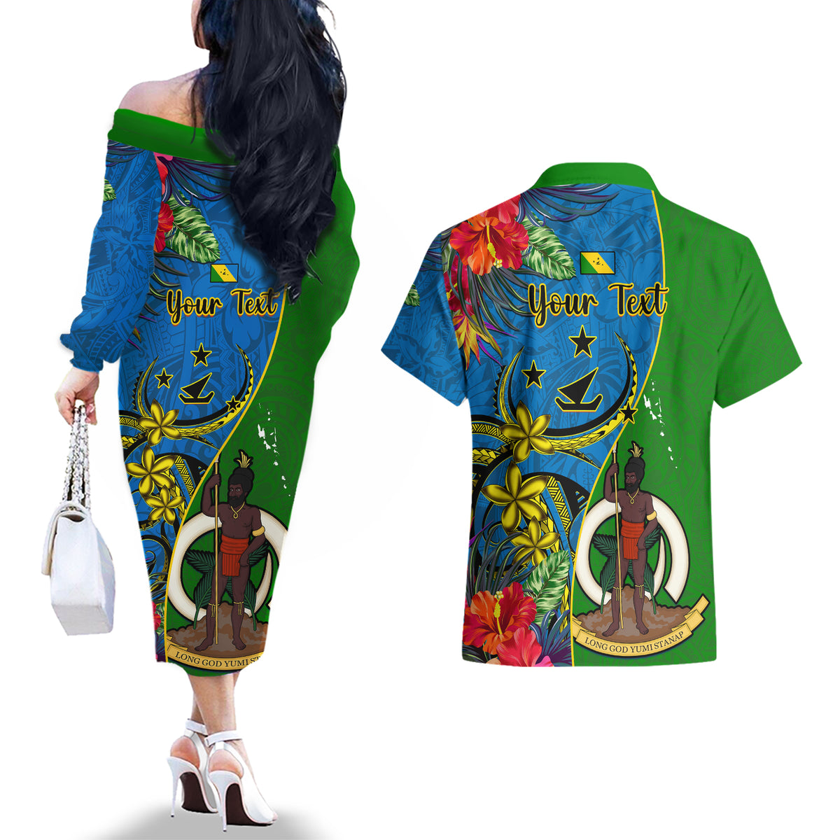 Personalised Vanuatu Malampa Day Couples Matching Off The Shoulder Long Sleeve Dress and Hawaiian Shirt Coat Of Arms Mix Tropical Flowers - Wonder Print Shop