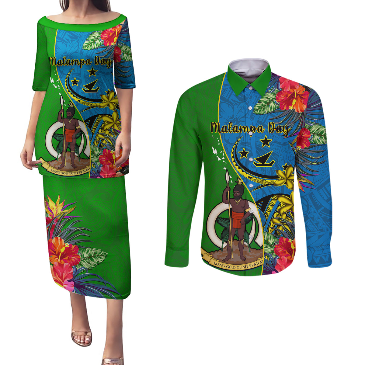 Personalised Vanuatu Malampa Day Couples Matching Puletasi Dress and Long Sleeve Button Shirts Coat Of Arms Mix Tropical Flowers - Wonder Print Shop
