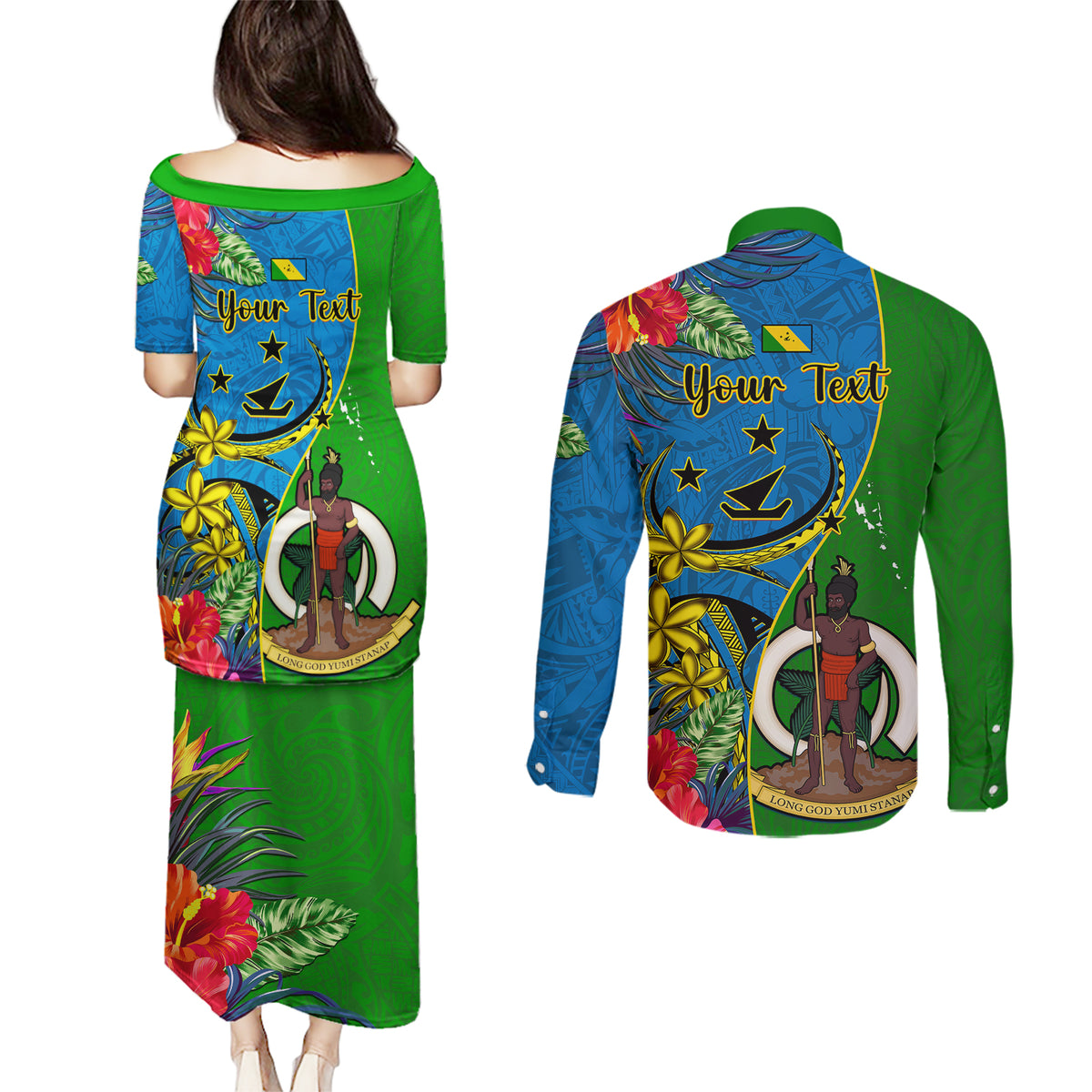 Personalised Vanuatu Malampa Day Couples Matching Puletasi Dress and Long Sleeve Button Shirts Coat Of Arms Mix Tropical Flowers - Wonder Print Shop