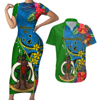 Personalised Vanuatu Malampa Day Couples Matching Short Sleeve Bodycon Dress and Hawaiian Shirt Coat Of Arms Mix Tropical Flowers - Wonder Print Shop