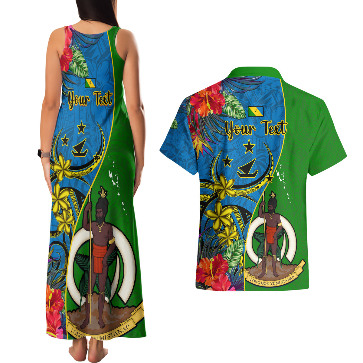 Personalised Vanuatu Malampa Day Couples Matching Tank Maxi Dress and Hawaiian Shirt Coat Of Arms Mix Tropical Flowers - Wonder Print Shop