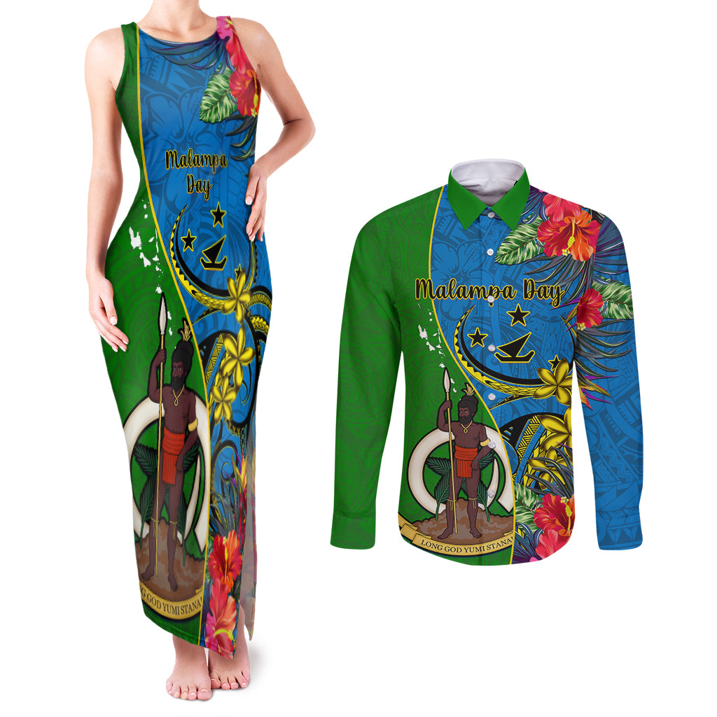 Personalised Vanuatu Malampa Day Couples Matching Tank Maxi Dress and Long Sleeve Button Shirts Coat Of Arms Mix Tropical Flowers - Wonder Print Shop