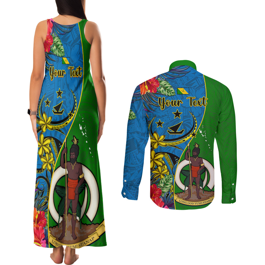 Personalised Vanuatu Malampa Day Couples Matching Tank Maxi Dress and Long Sleeve Button Shirts Coat Of Arms Mix Tropical Flowers - Wonder Print Shop