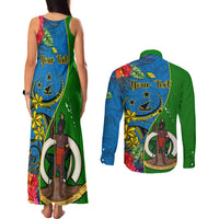 Personalised Vanuatu Malampa Day Couples Matching Tank Maxi Dress and Long Sleeve Button Shirts Coat Of Arms Mix Tropical Flowers - Wonder Print Shop